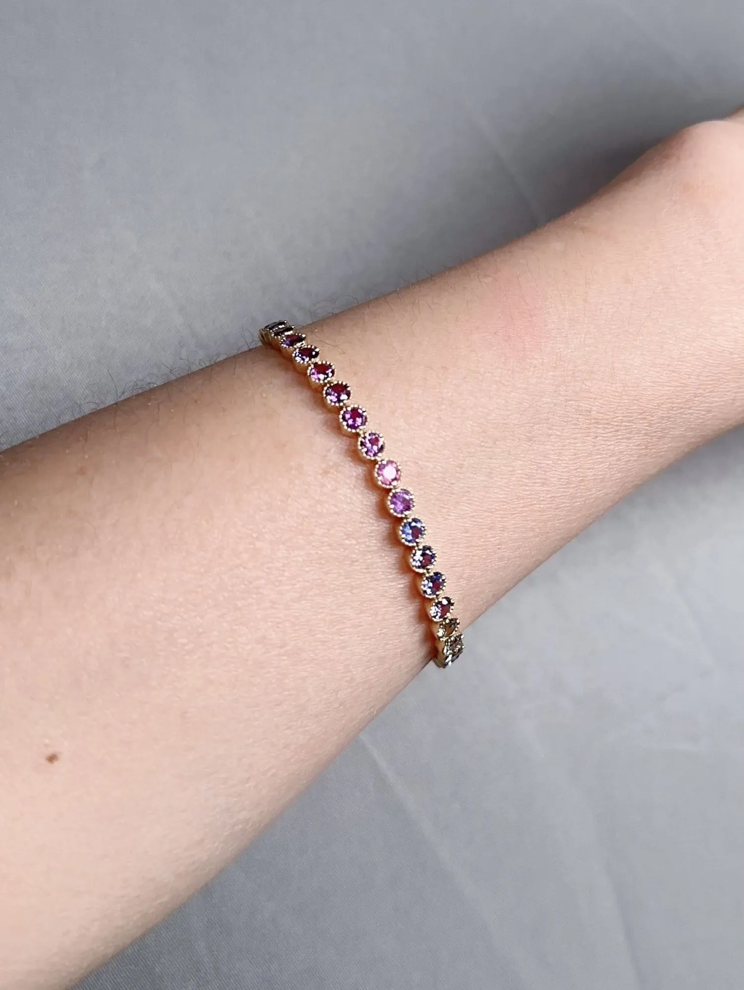 4mm Wide Purple Pink Ombre Sapphire Bracelet 14K Gold R2119