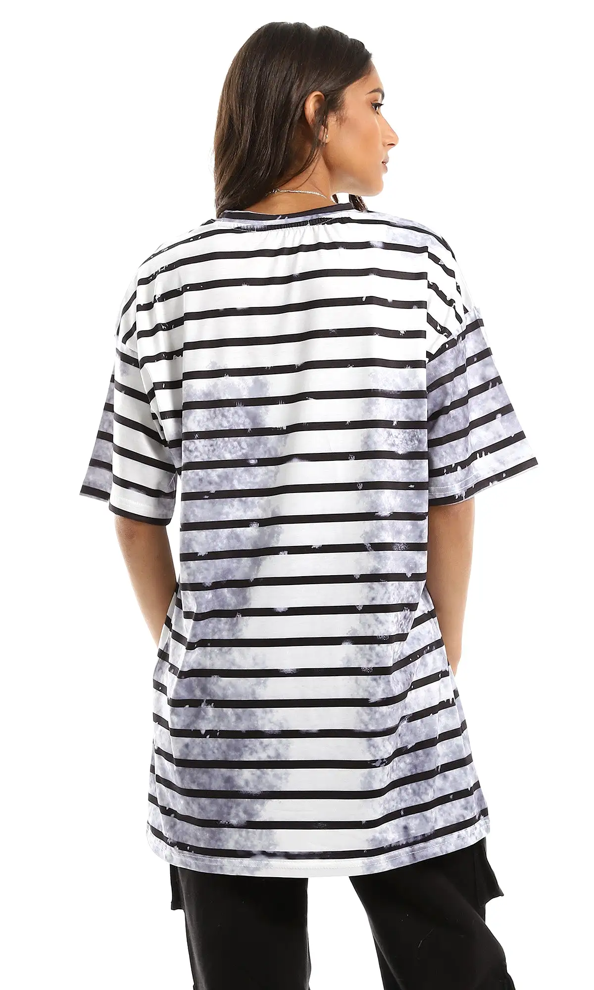 97718 Short Sleeves Striped With Tie Dye Long Tee - Navy Blue & White