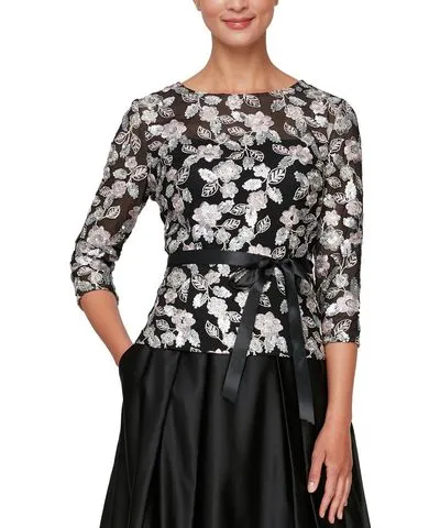 Alex Evenings Womens Sequin Floral Blouse