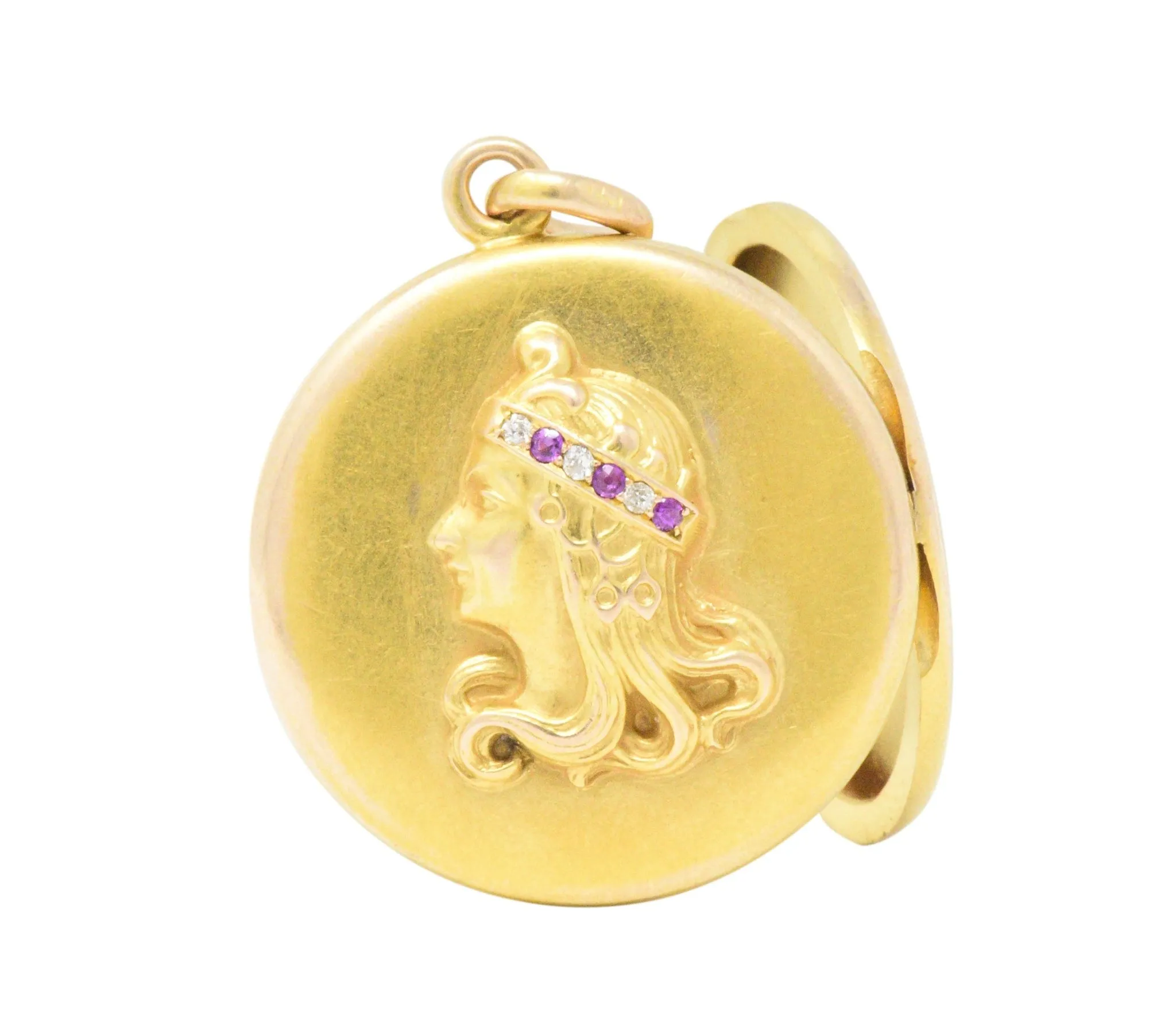 Art Nouveau Diamond Ruby 14 Karat Gold Locket Pendant