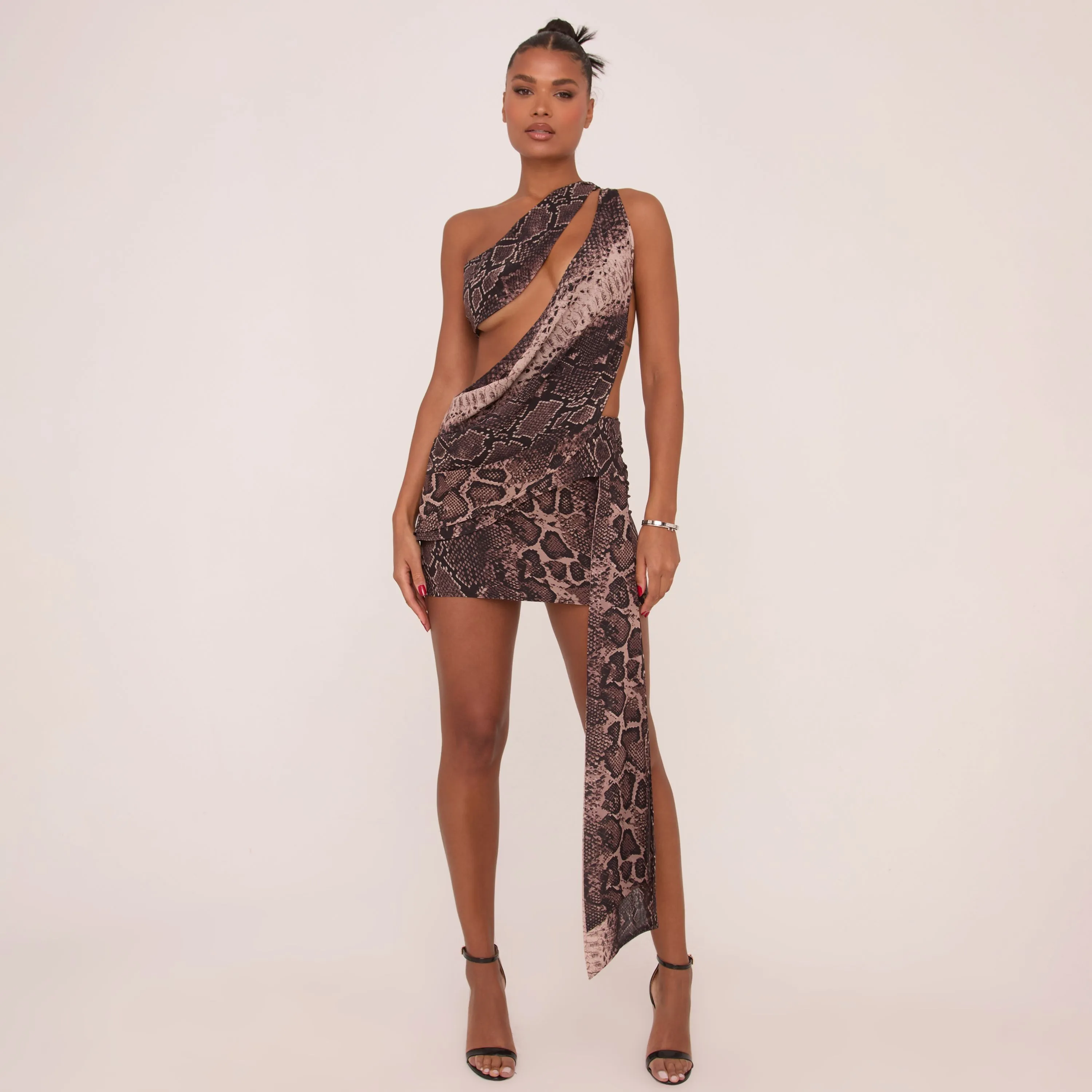 Asymmetric One Shoulder Drape Detail Mini Dress In Brown Snake Print