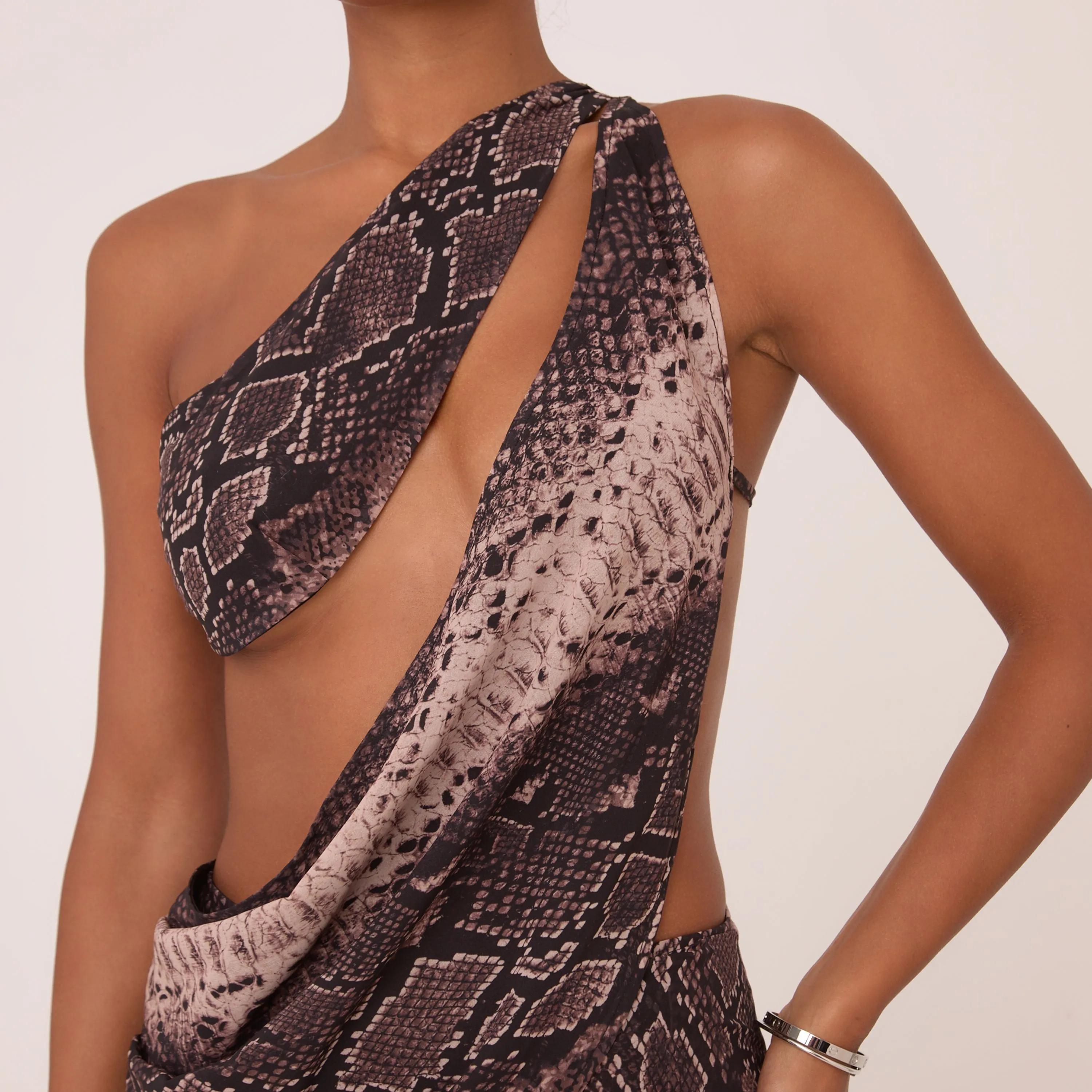 Asymmetric One Shoulder Drape Detail Mini Dress In Brown Snake Print