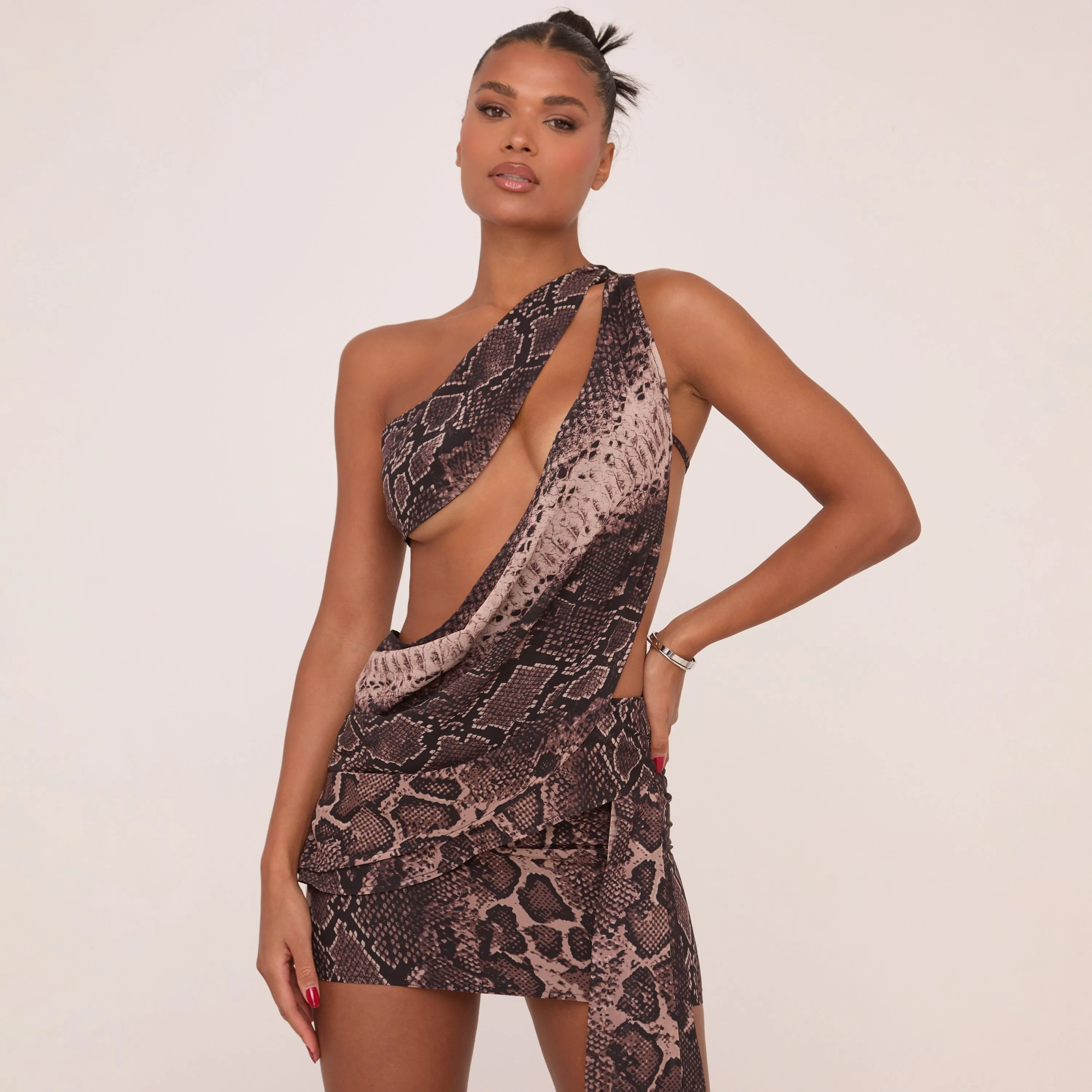 Asymmetric One Shoulder Drape Detail Mini Dress In Brown Snake Print