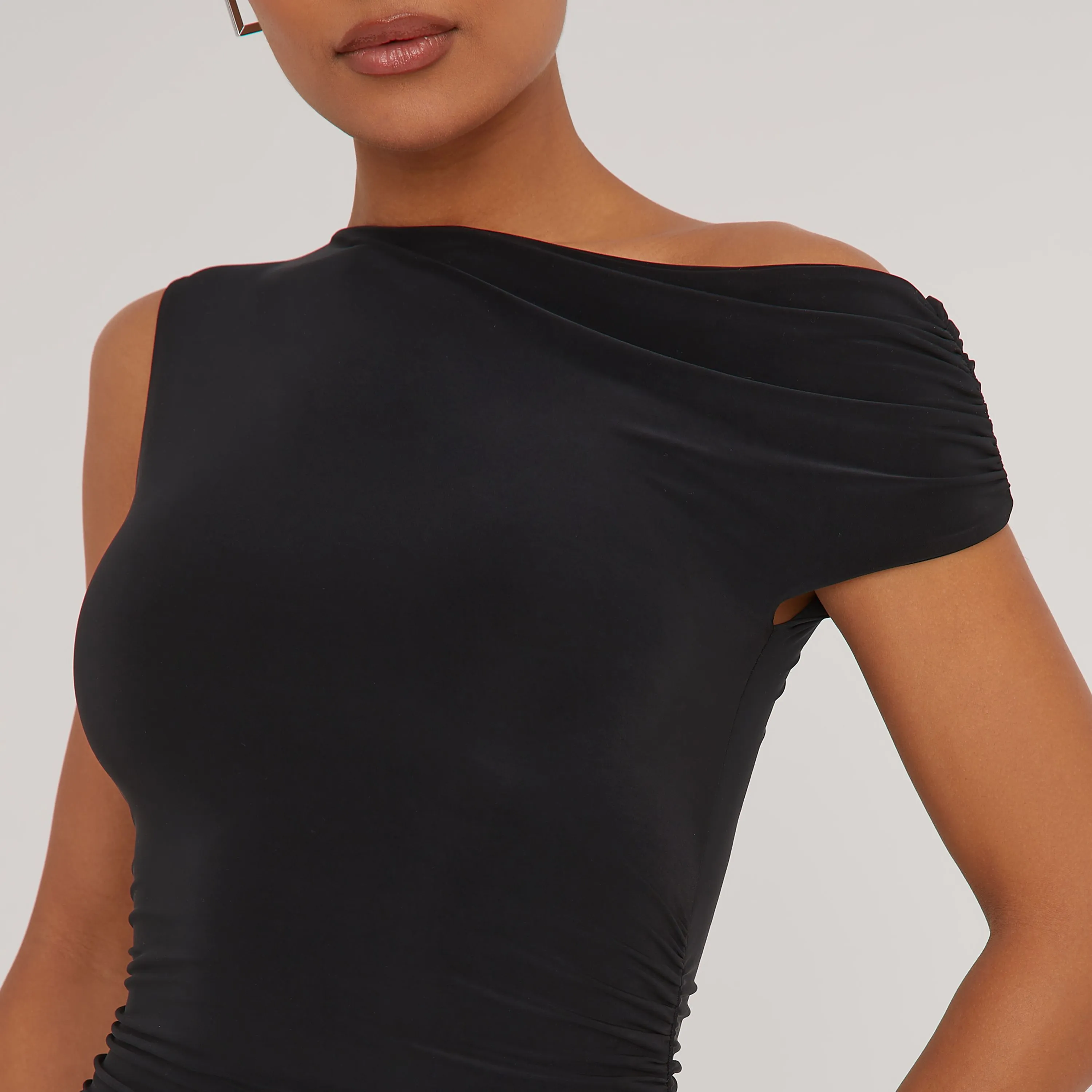 Asymmetric One Shoulder Ruched Detail Maxi Dress In Black Slinky