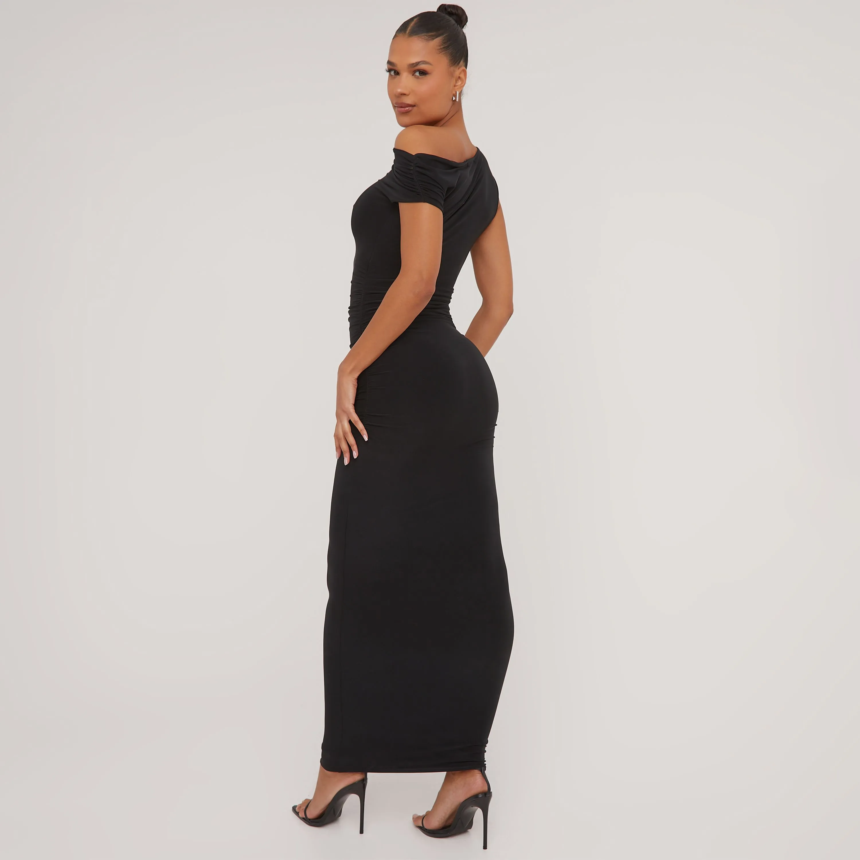 Asymmetric One Shoulder Ruched Detail Maxi Dress In Black Slinky