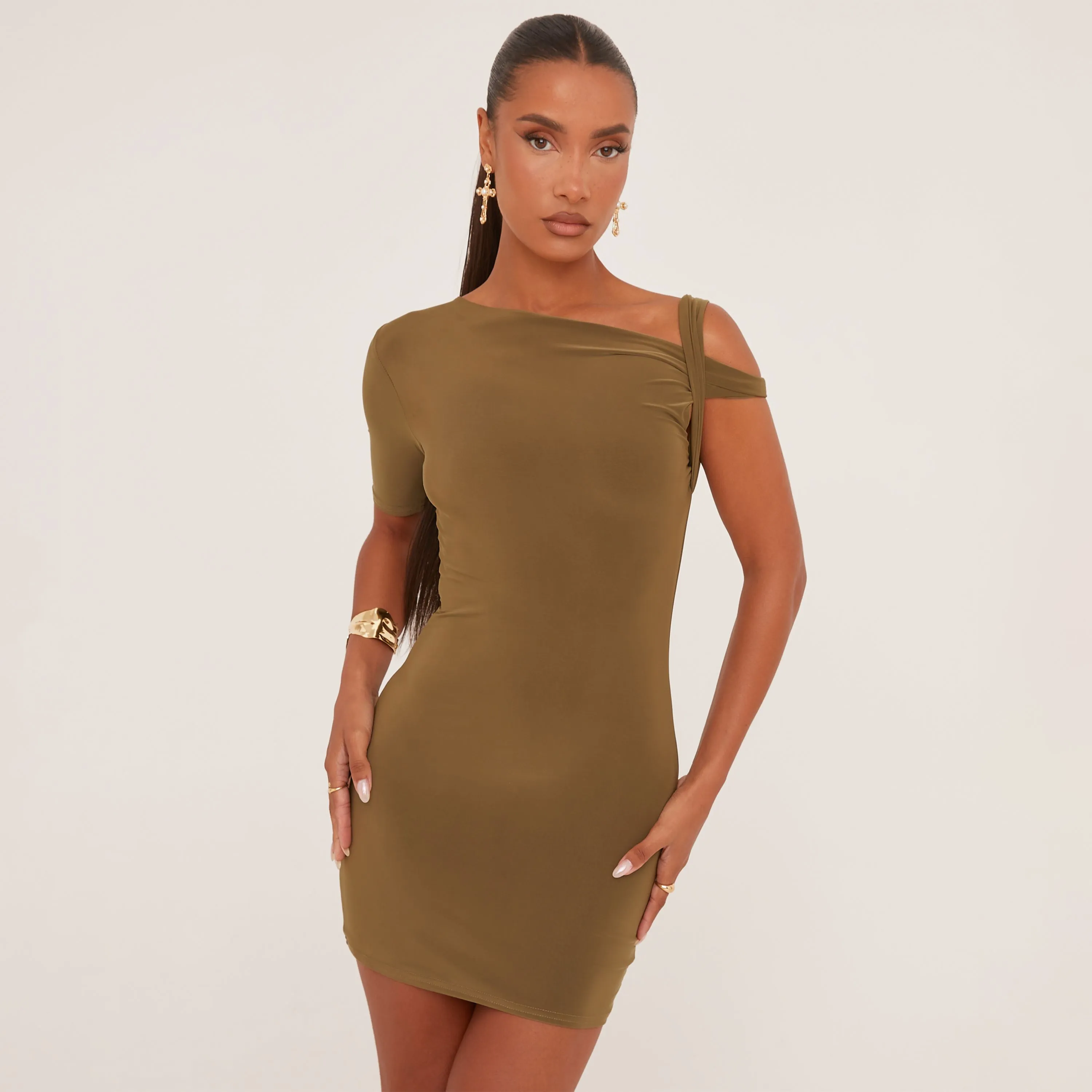 Asymmetric Twist Detail One Shoulder Mini Bodycon Dress In Olive Green Slinky