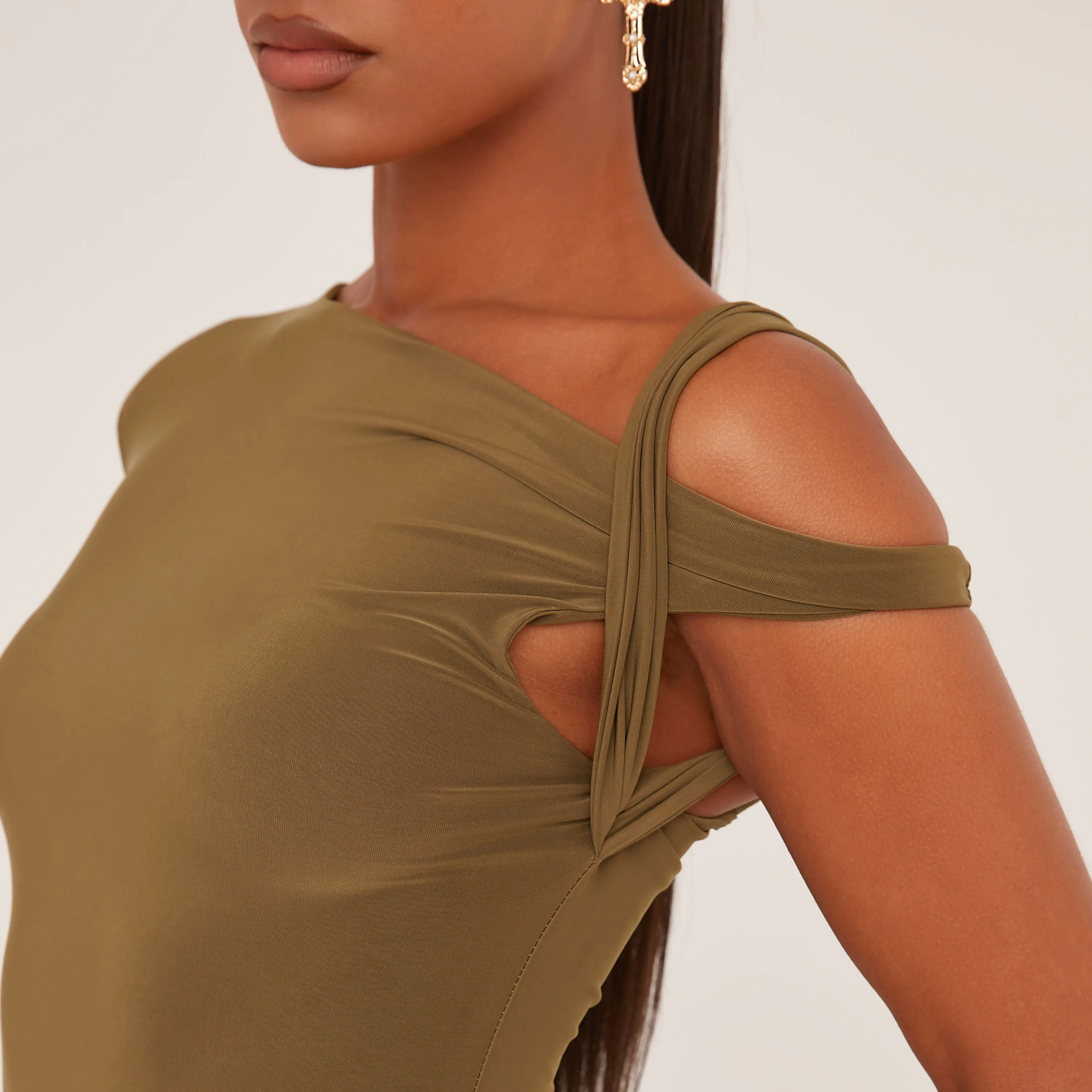 Asymmetric Twist Detail One Shoulder Mini Bodycon Dress In Olive Green Slinky