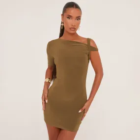 Asymmetric Twist Detail One Shoulder Mini Bodycon Dress In Olive Green Slinky