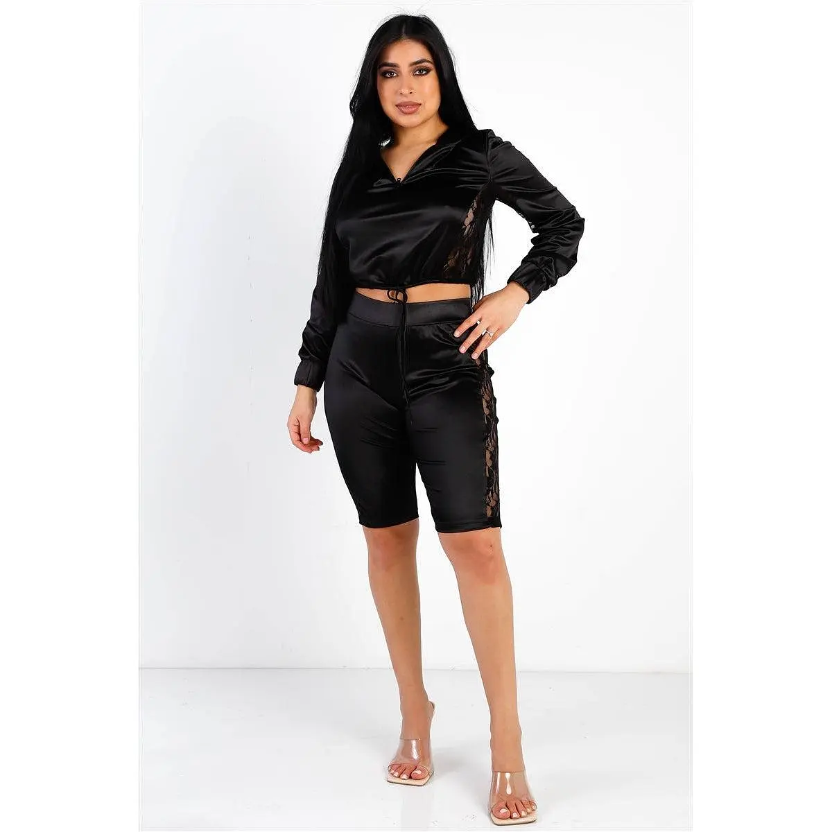 Black Satin Lace Details Long Sleeve Hooded Crop Top & Biker Short Set