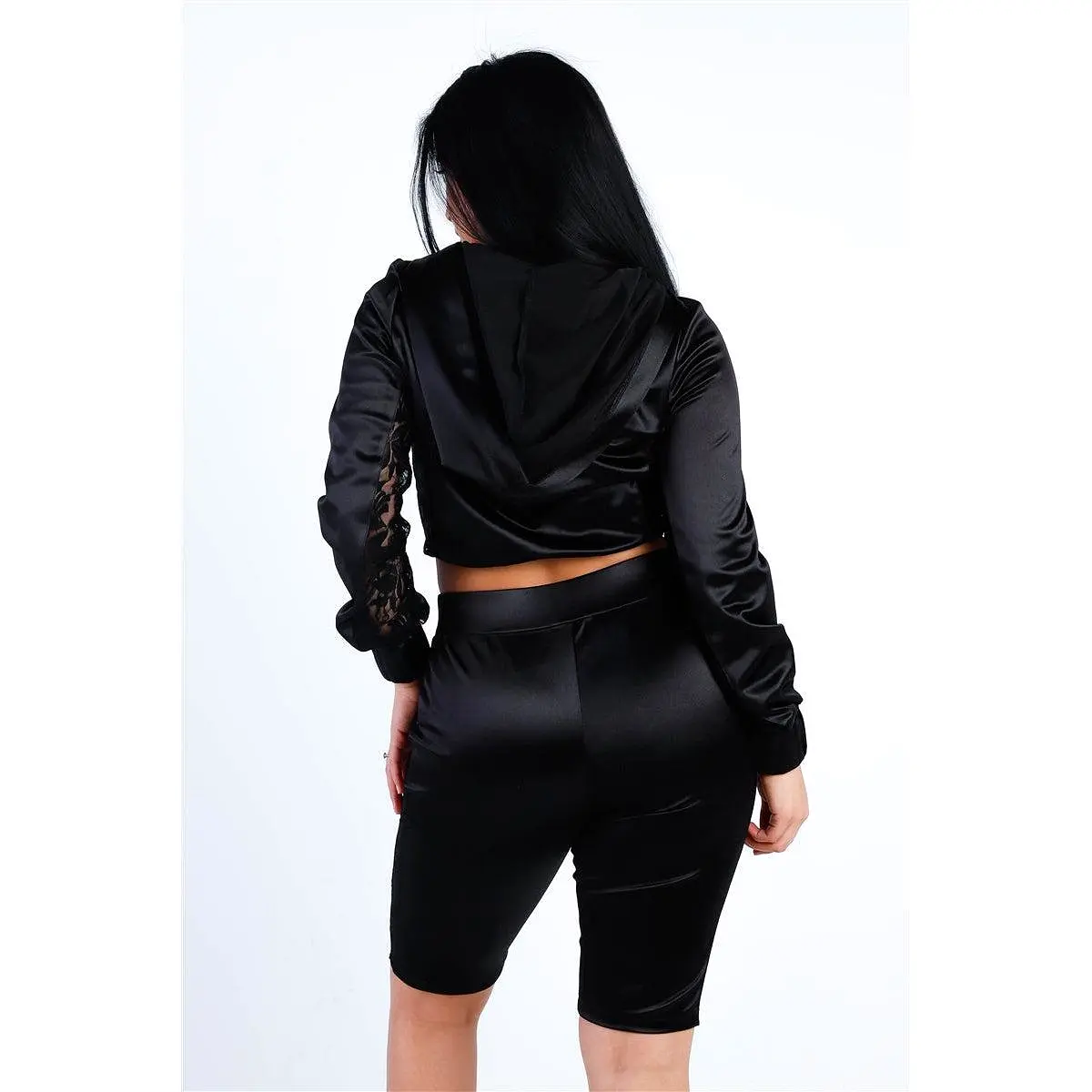 Black Satin Lace Details Long Sleeve Hooded Crop Top & Biker Short Set