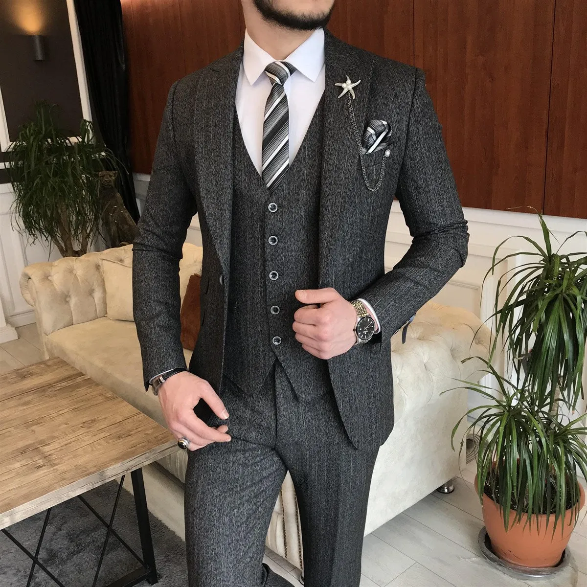 Bojoni Cagliari Black Striped Slim-Fit Suit 3-Piece