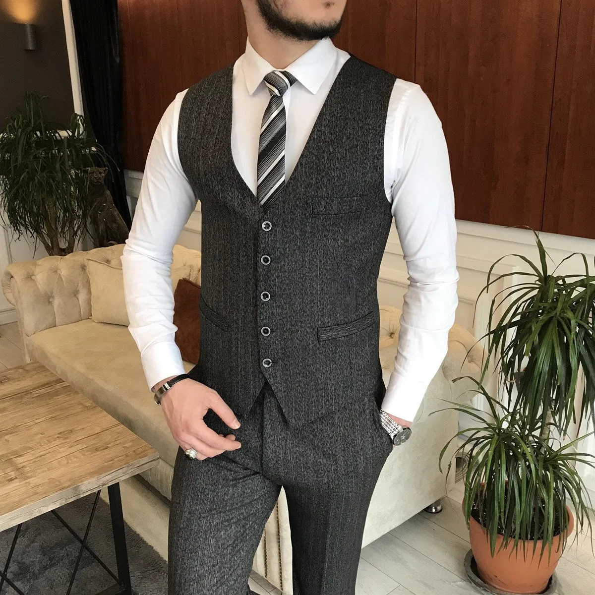 Bojoni Cagliari Black Striped Slim-Fit Suit 3-Piece