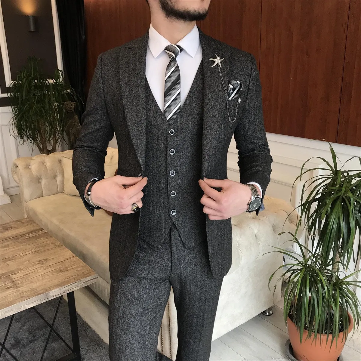 Bojoni Cagliari Black Striped Slim-Fit Suit 3-Piece