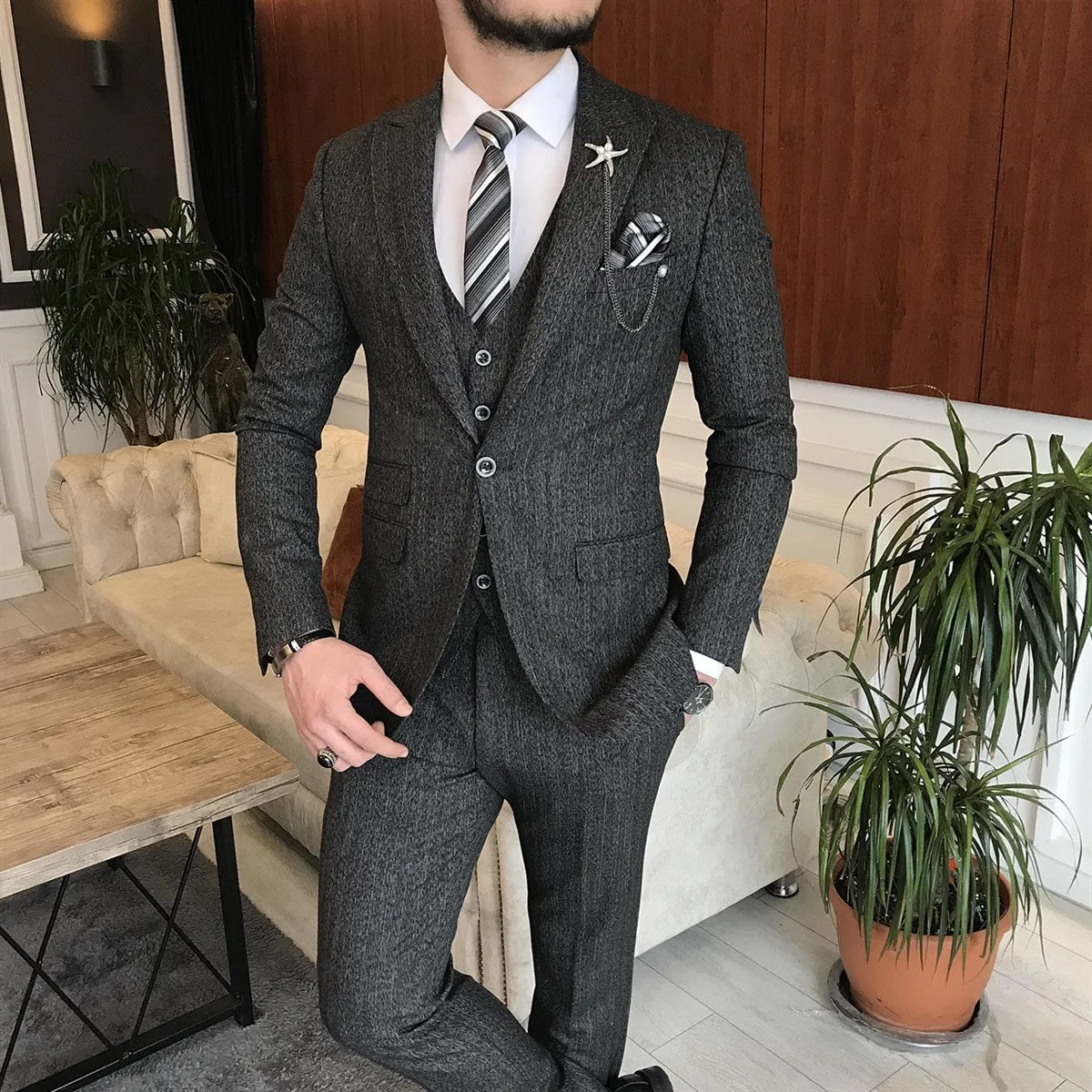 Bojoni Cagliari Black Striped Slim-Fit Suit 3-Piece