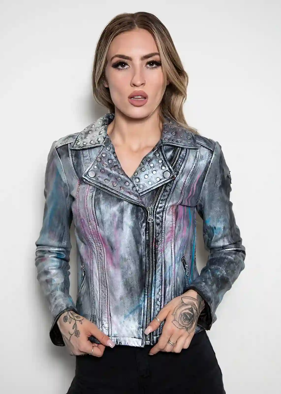 Buy Womens Hand-painted Metallic Color Splash Leather Jacket