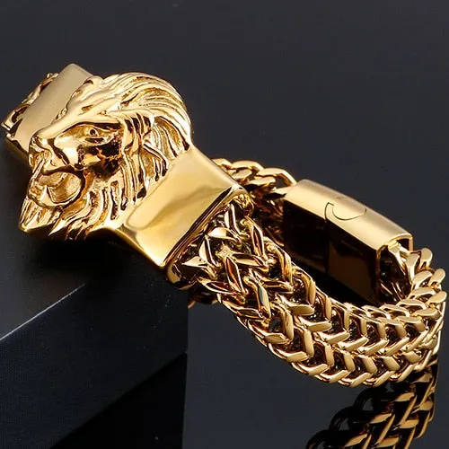 Charm Men's Metal Lion Animal Head 12mm Wide Snake Link Chain Bracelet