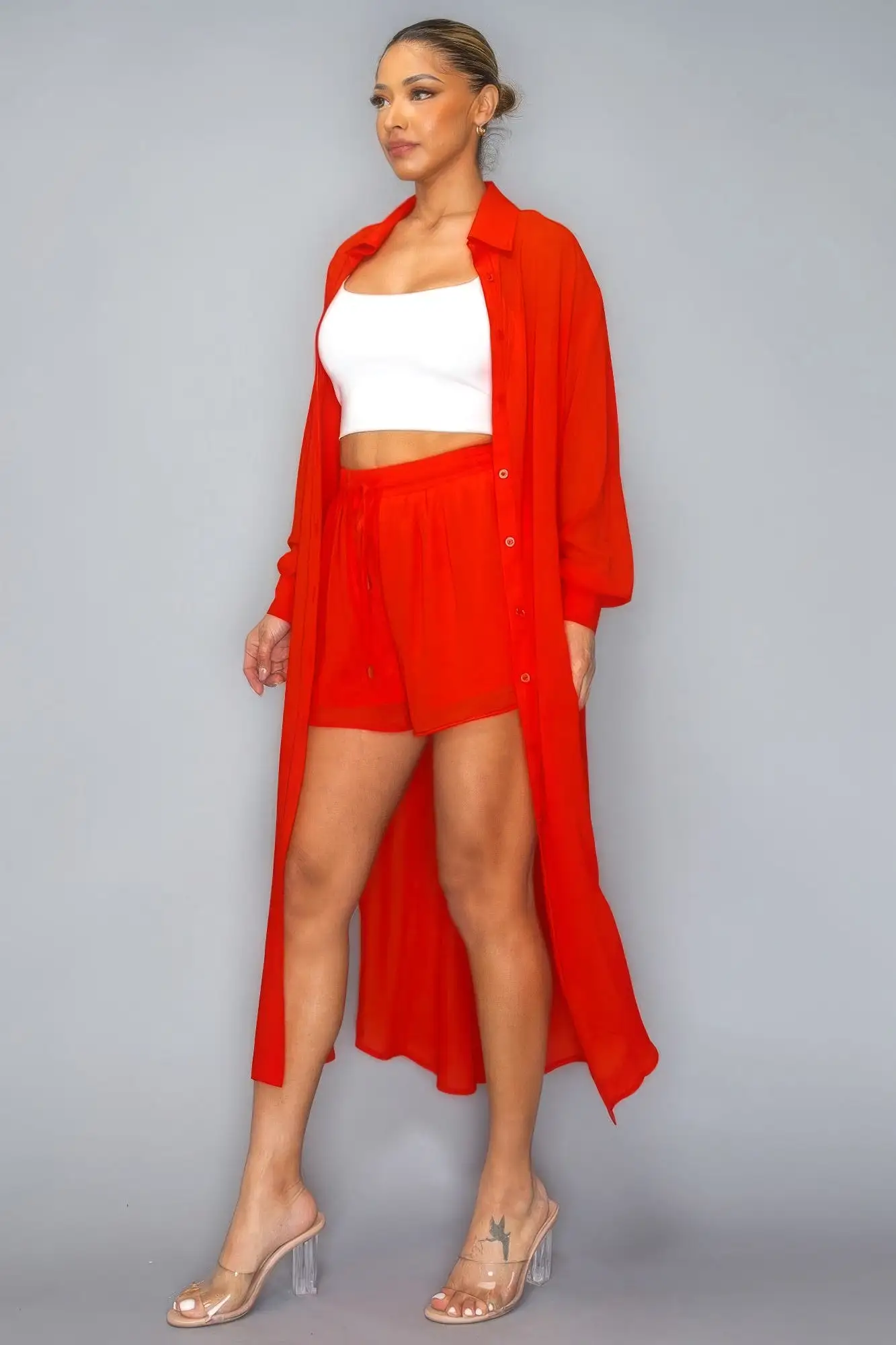 Chiffon Button Down Long Sleeve Side Slit Long Top With Short Set