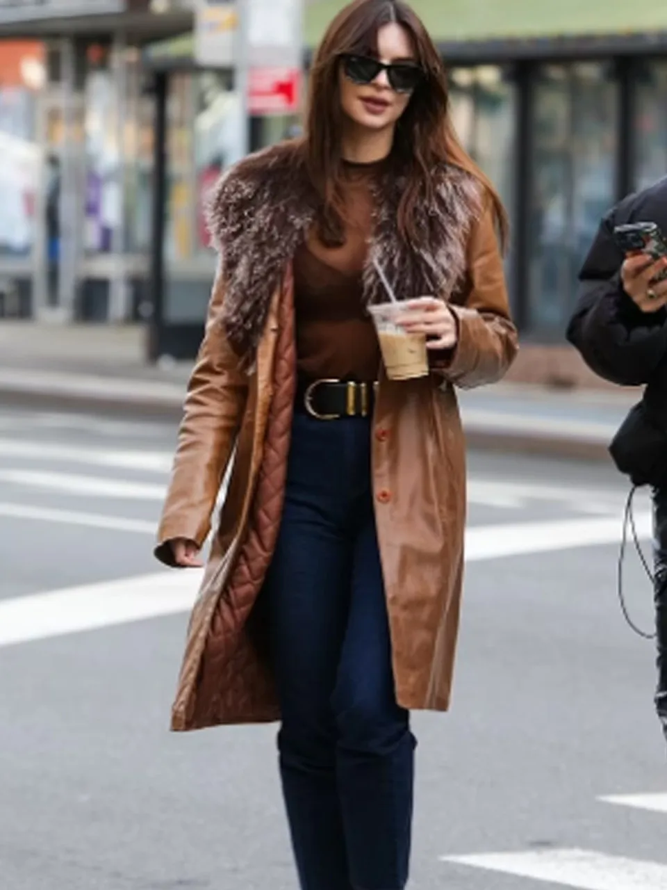 Emily Ratajkowski Brown Leather Coat