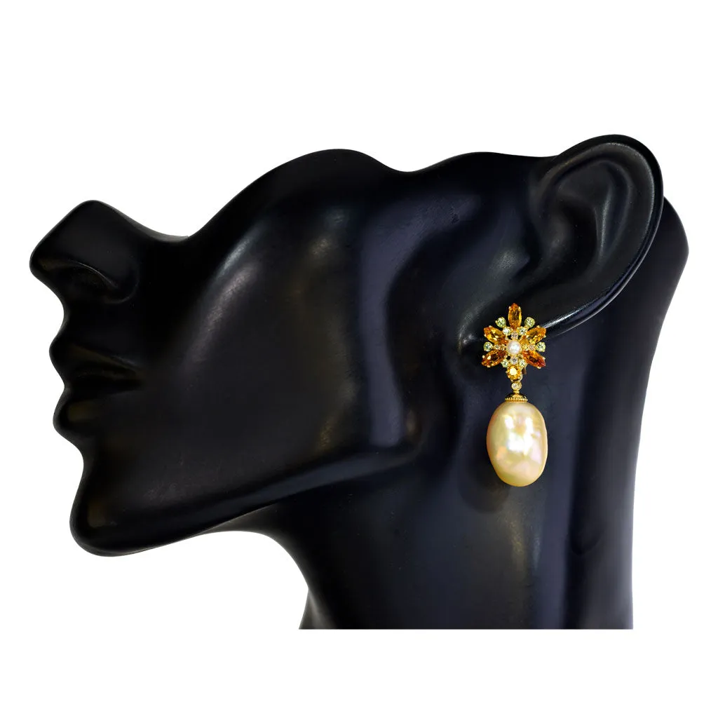 Gold Blossom Drop Earrings with Pearls