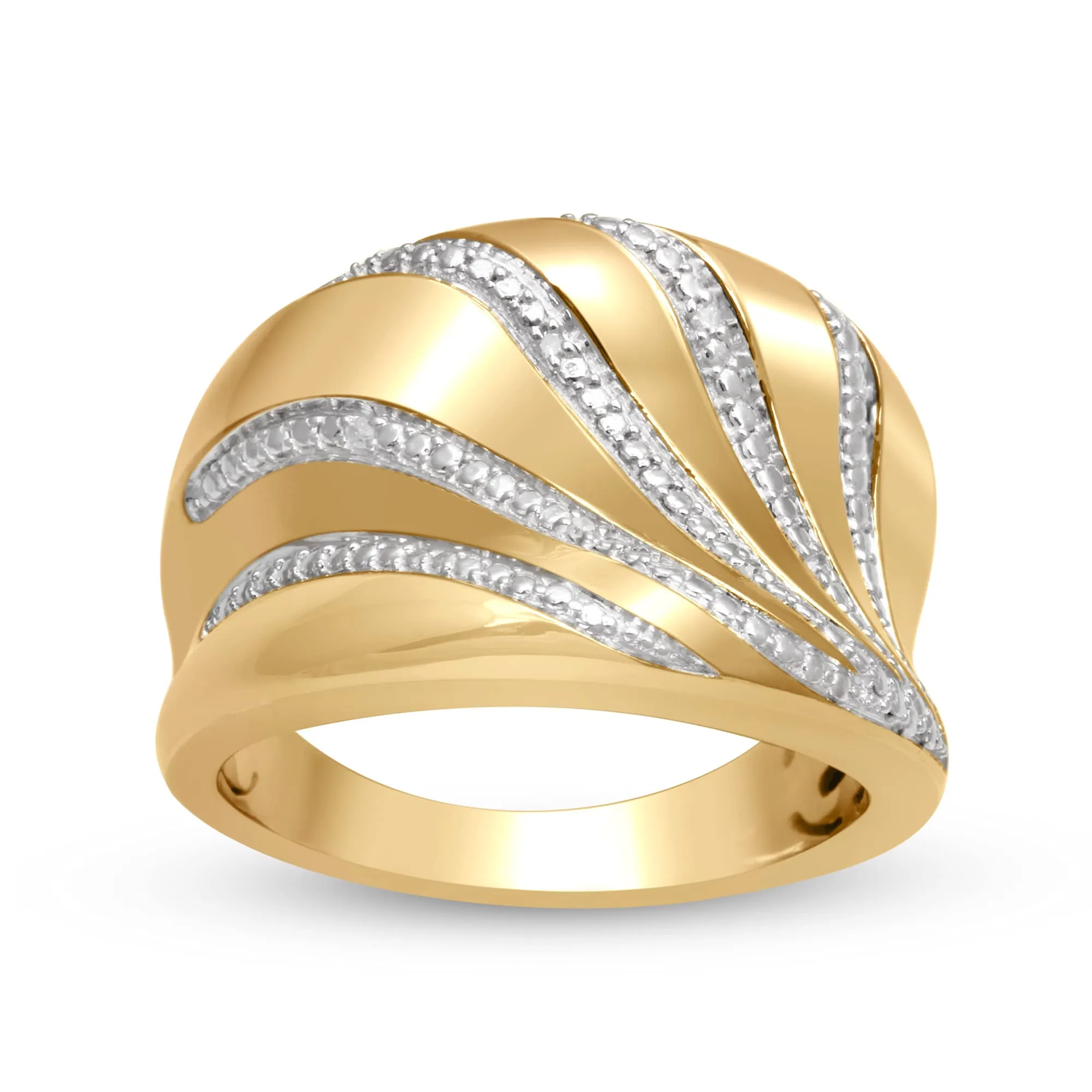 Jewelili 18K Yellow Gold Over Brass With Natural White Round Diamonds Wide Ring