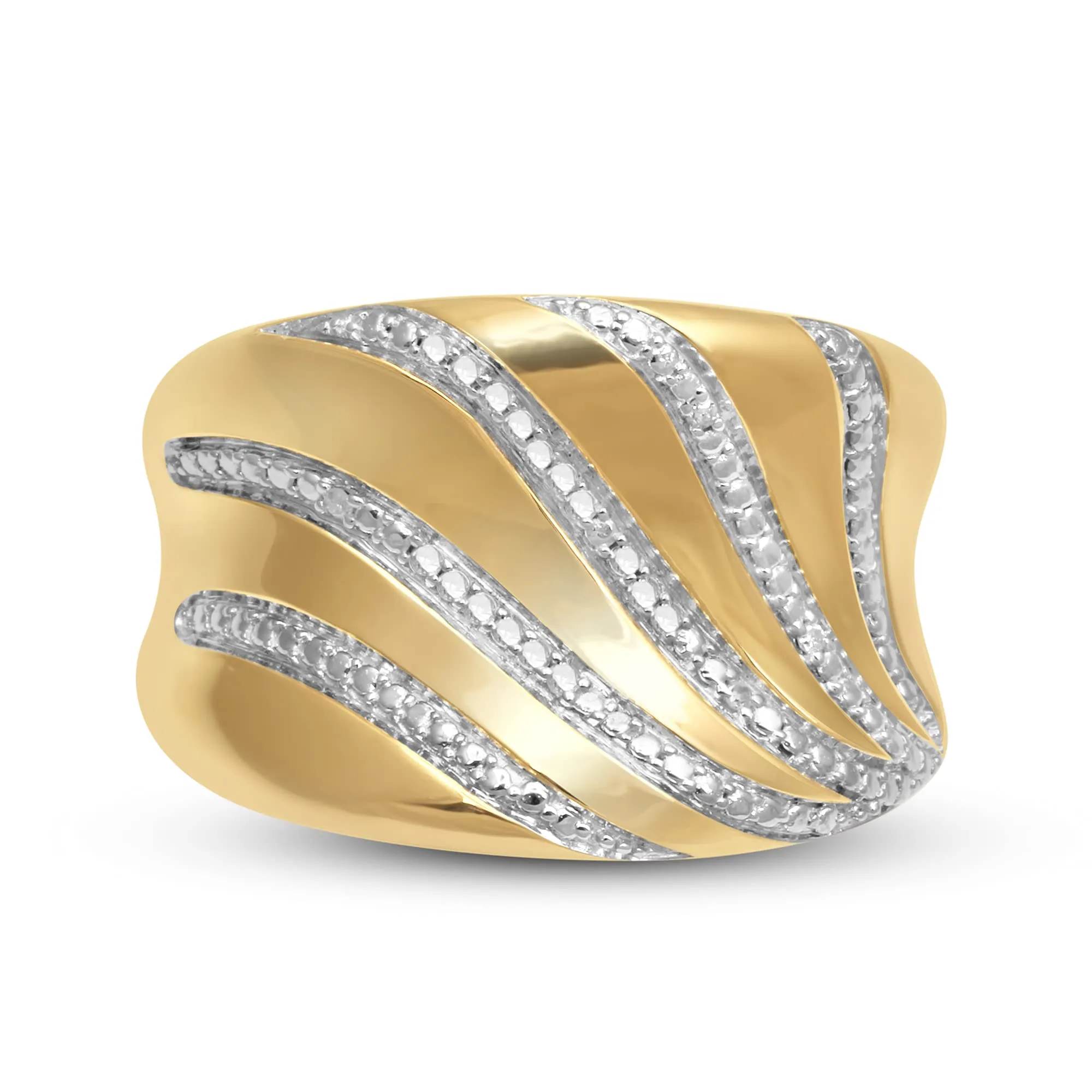 Jewelili 18K Yellow Gold Over Brass With Natural White Round Diamonds Wide Ring