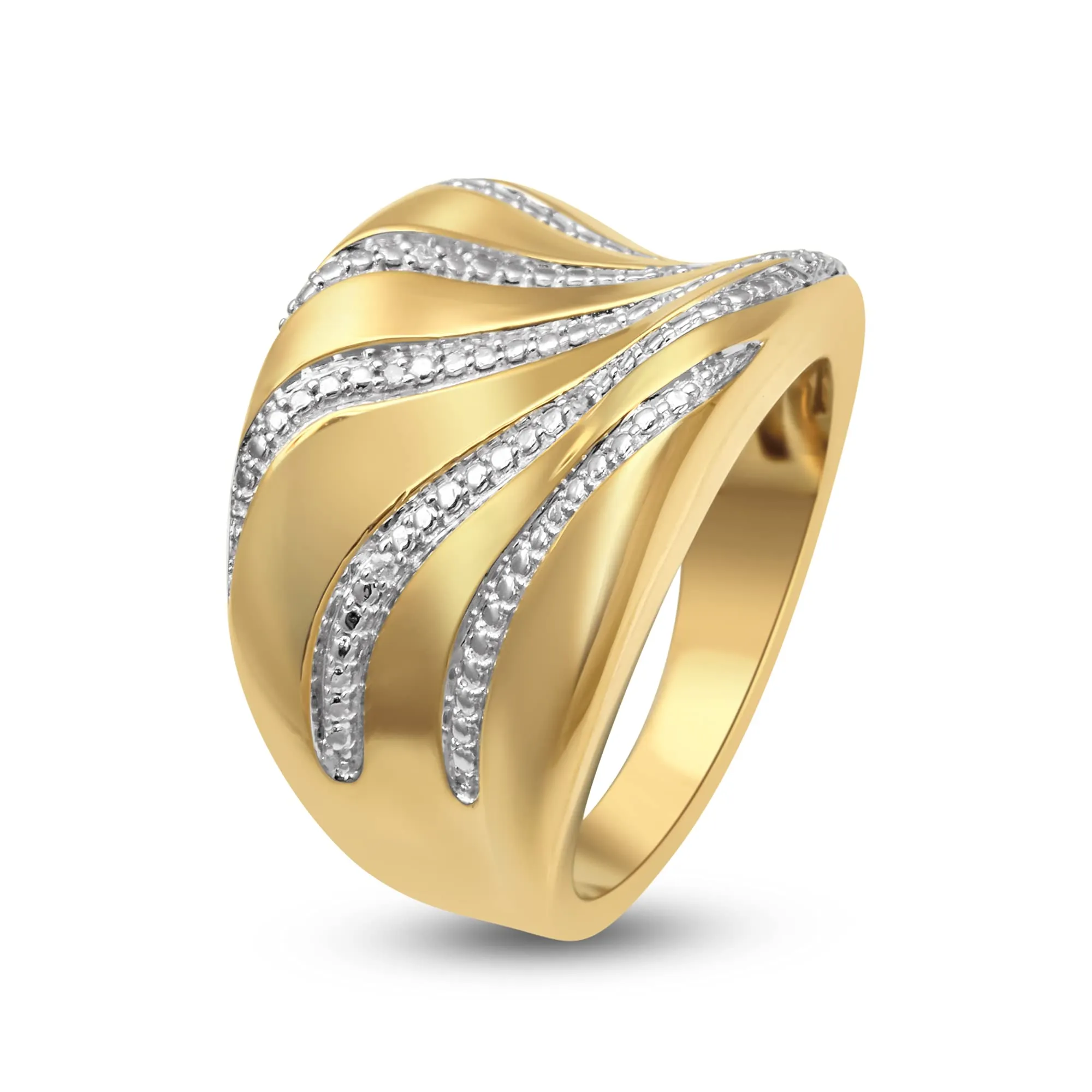 Jewelili 18K Yellow Gold Over Brass With Natural White Round Diamonds Wide Ring