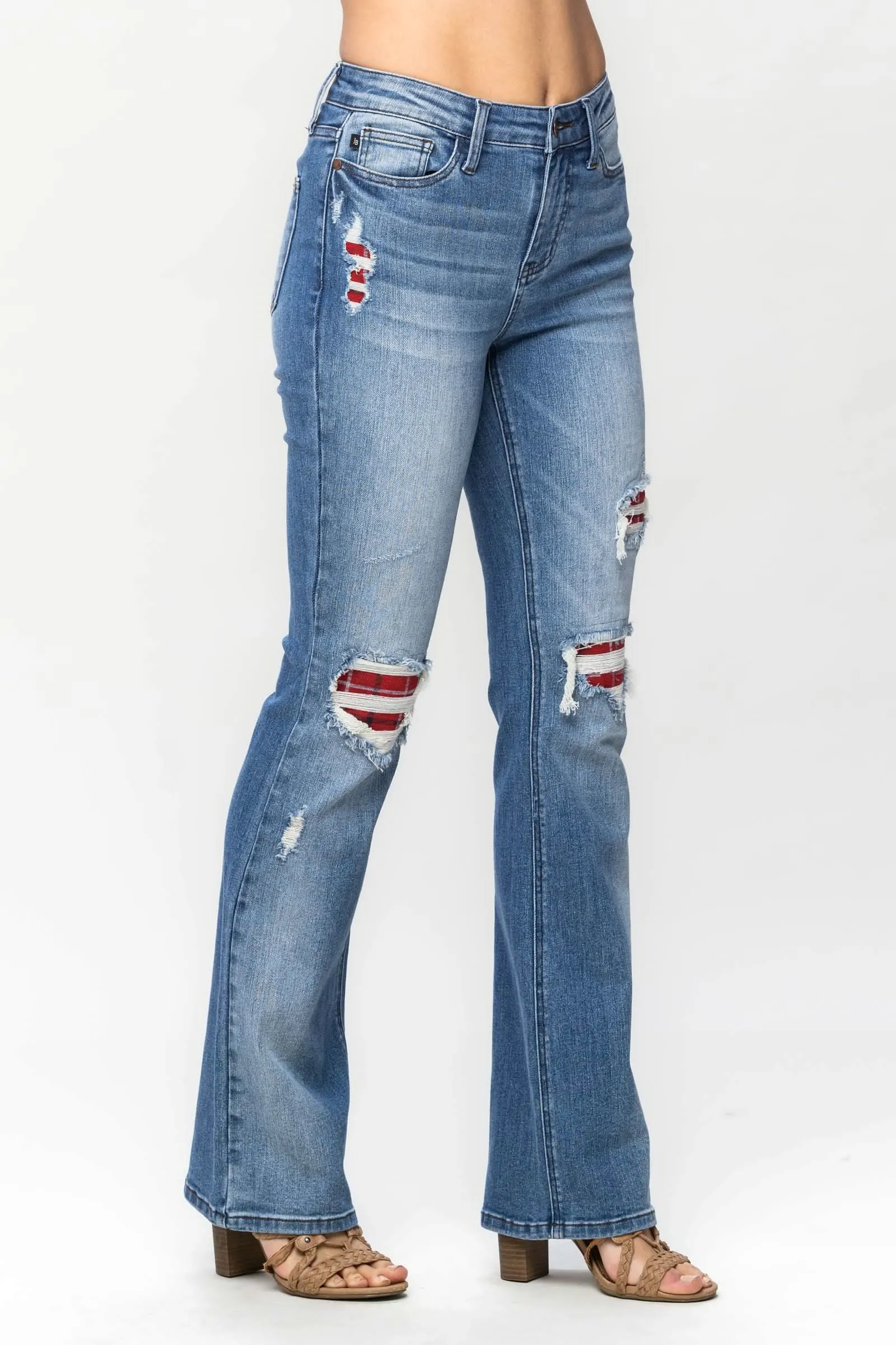 Judy Blue Mid Rise Plaid Patch Detail Bootcut