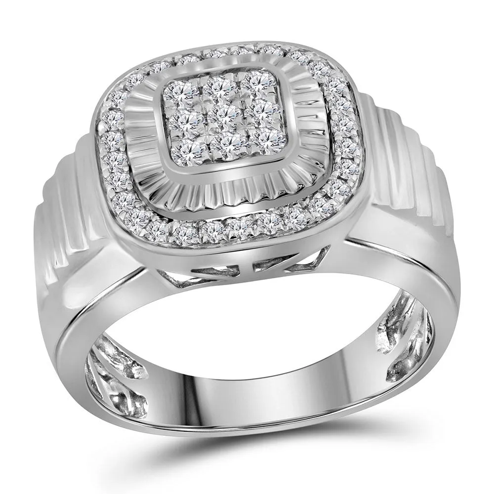 Keene Jewelers 10kt White Gold Mens Round Diamond Square Ribbed Cluster Ring 3/4 Cttw