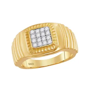 Keene Jewelers 10kt Yellow Gold Mens Round Diamond Square Cluster Ribbed Accent Ring 1/2 Cttw