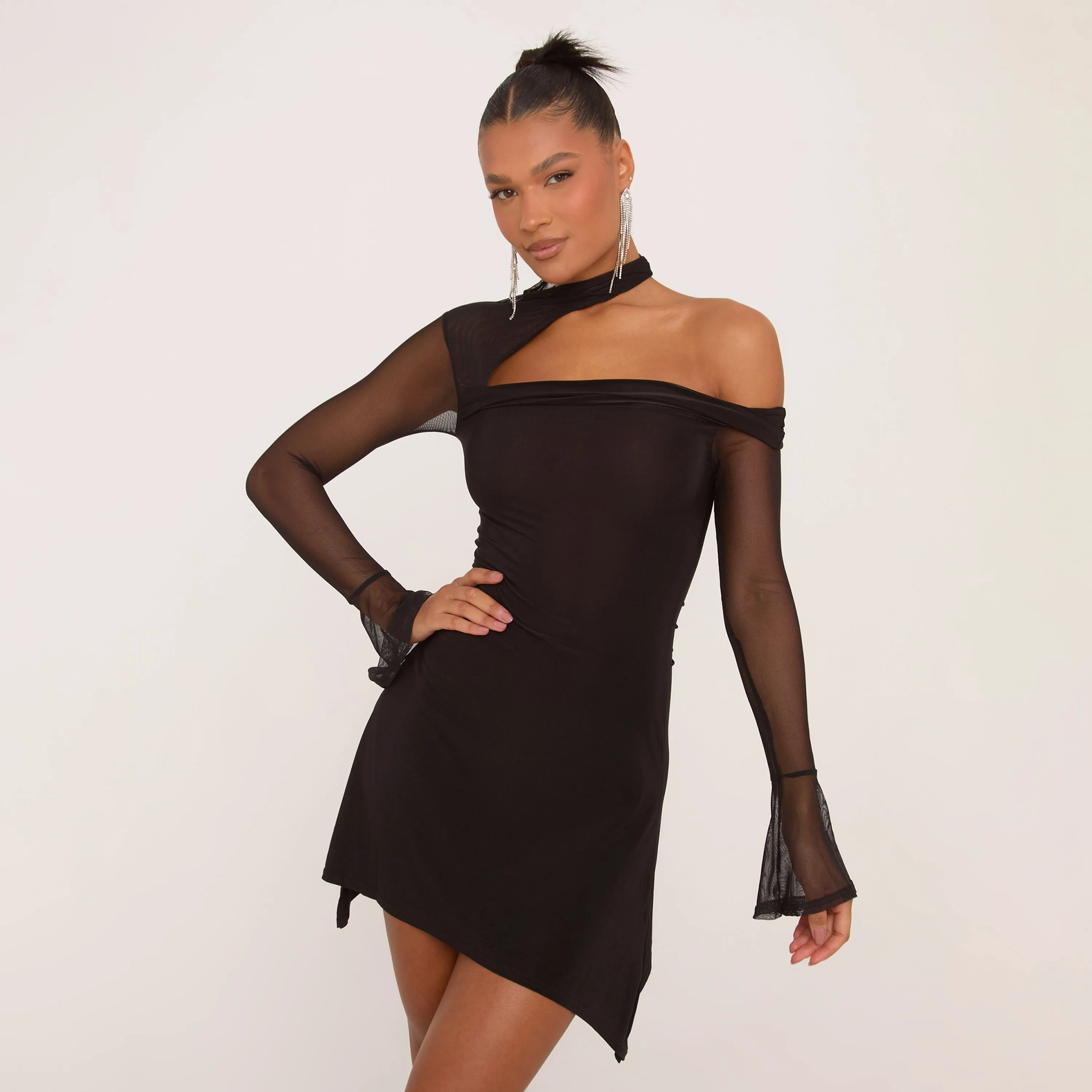 Long Flared Sleeve Asymmetric Off The Shoulder Choker Detail Mini Dress In Black