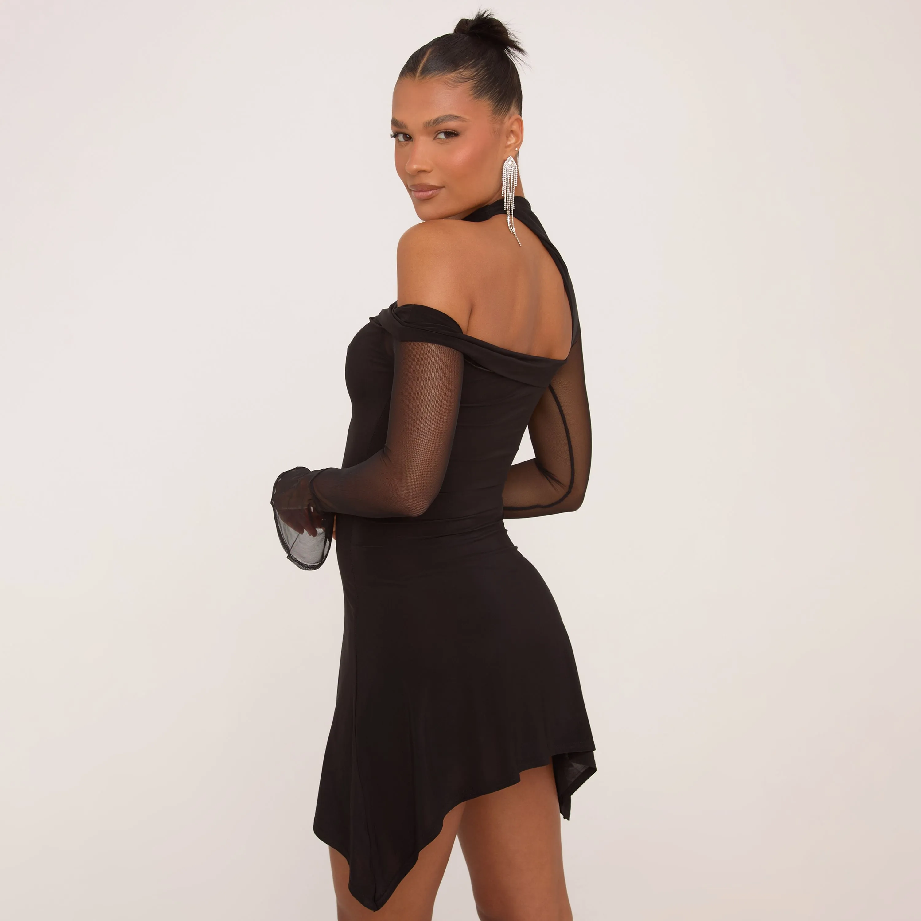 Long Flared Sleeve Asymmetric Off The Shoulder Choker Detail Mini Dress In Black