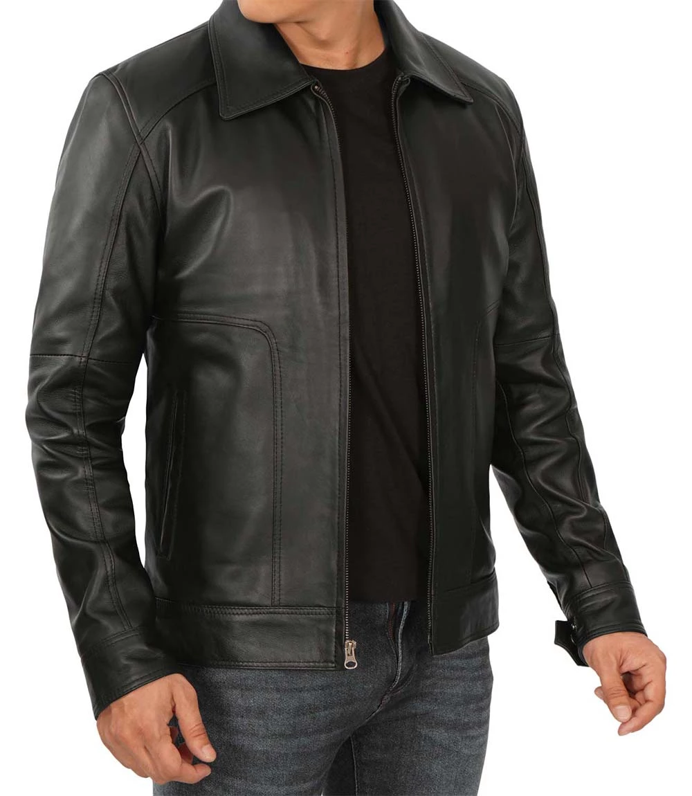 Men's Tall Harrington Black Leather Jacket