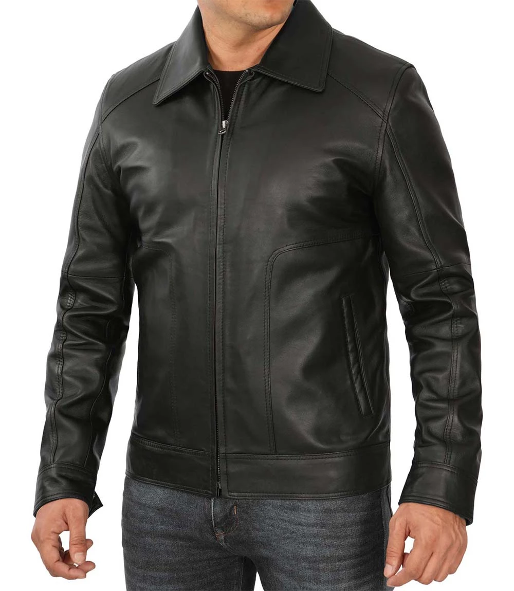 Men's Tall Harrington Black Leather Jacket