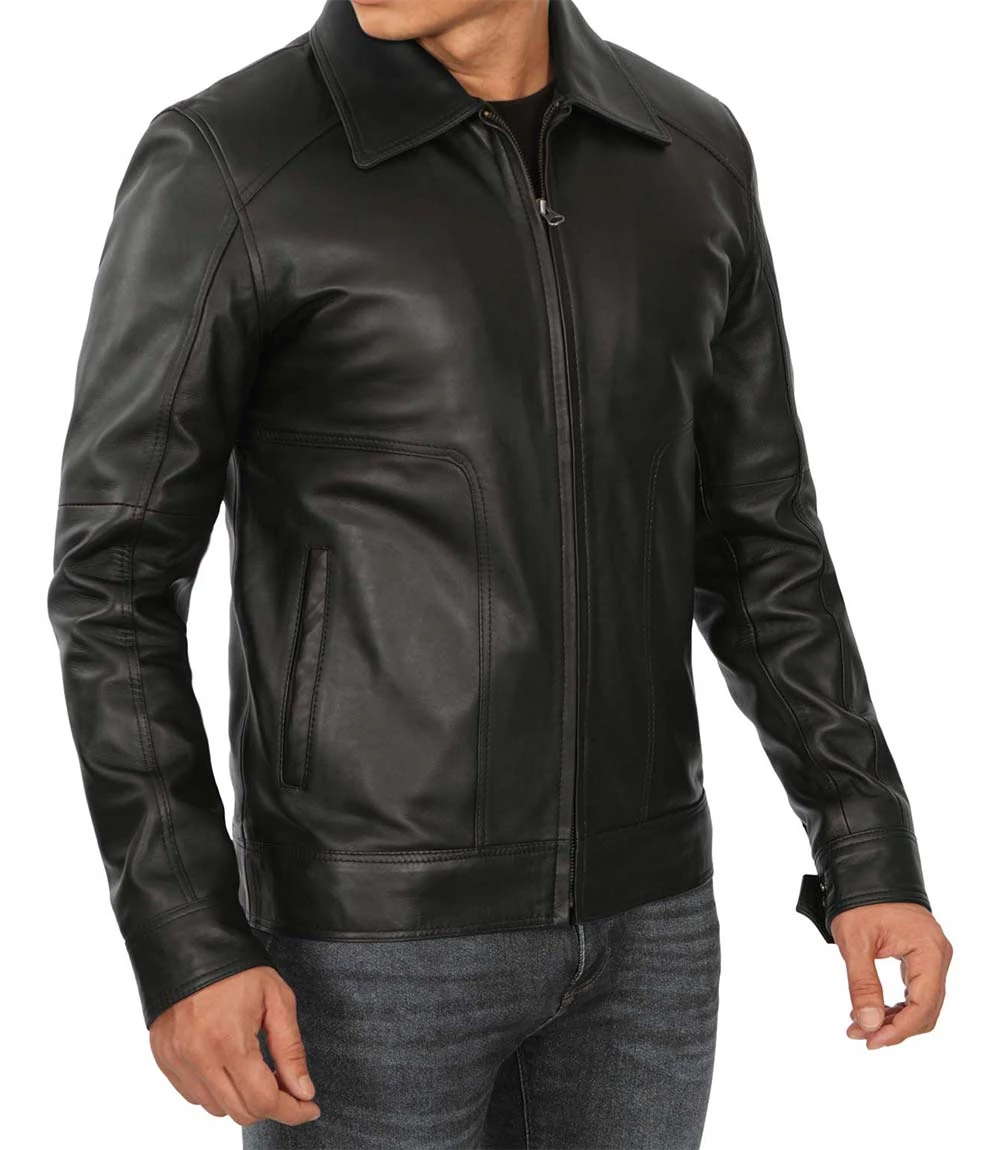 Men's Tall Harrington Black Leather Jacket