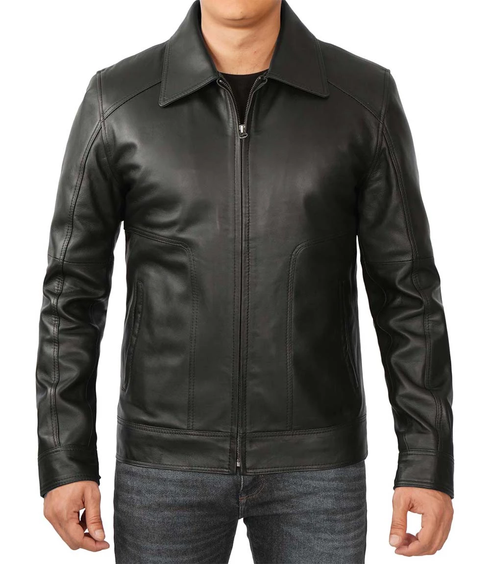 Men's Tall Harrington Black Leather Jacket