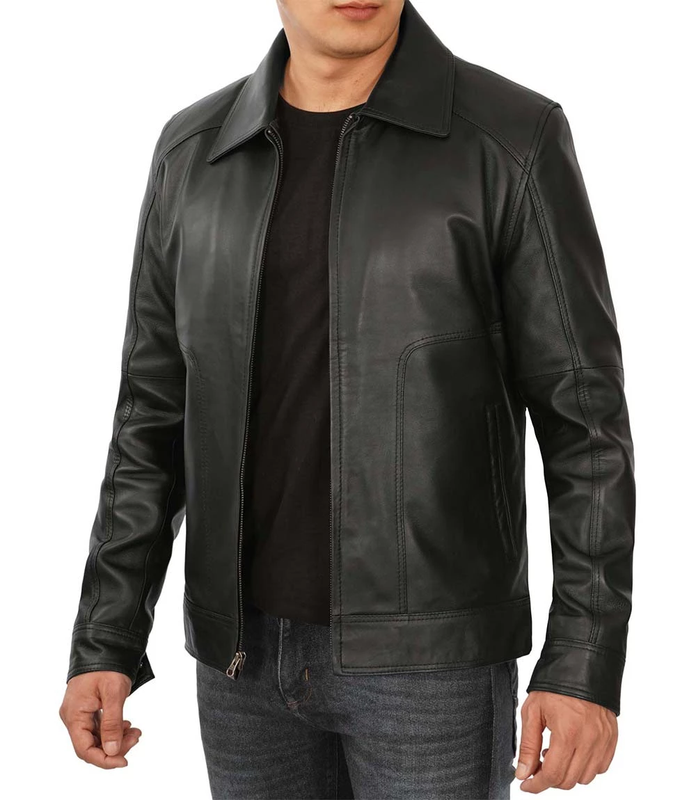 Men's Tall Harrington Black Leather Jacket