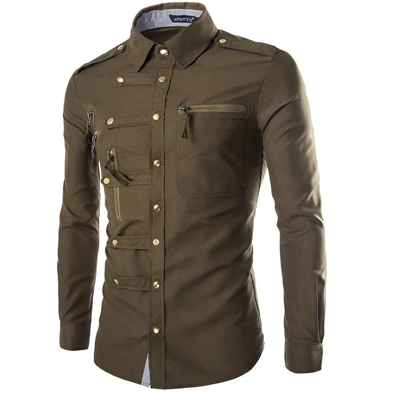 Men's Casual Slim Fit Double Pocket Epaulet Long Sleeve Cargo Shirt