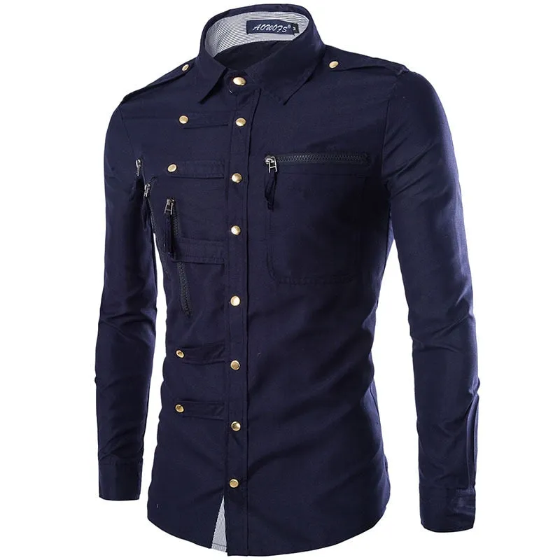 Men's Casual Slim Fit Double Pocket Epaulet Long Sleeve Cargo Shirt