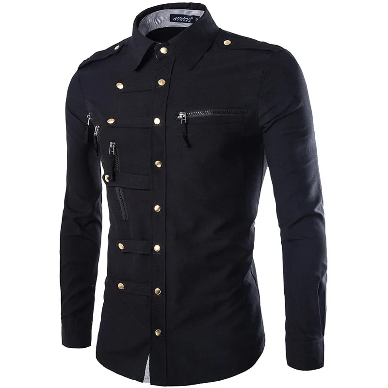 Men's Casual Slim Fit Double Pocket Epaulet Long Sleeve Cargo Shirt