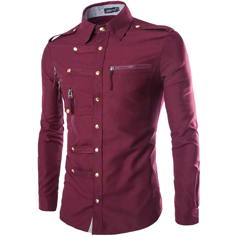 Men's Casual Slim Fit Double Pocket Epaulet Long Sleeve Cargo Shirt