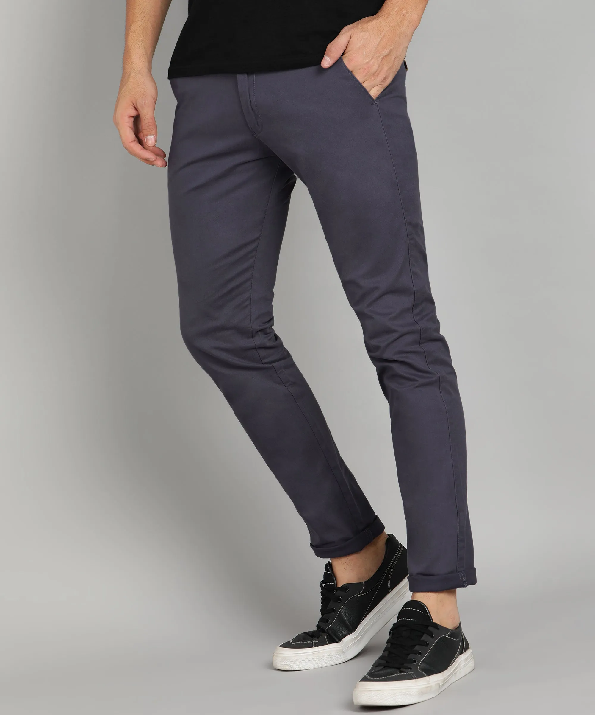 Men's Steel Blue Cotton Slim Fit Casual Chinos Trousers Stretch