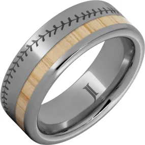 National Pastime Collection Rugged Tungsten Ring with White Ash Vintage Baseball Bat Wood Inlay and Baseball Stitch Engraving