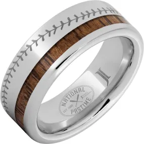 National Pastime Collection Serinium Ring with Hickory Vintage Baseball Bat Wood Inlay and Baseball Stitch Engraving