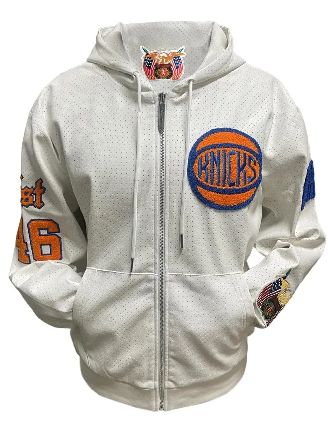 NEW YORK KNICKS 1946 LIGHTWEIGHT VEGAN ZIP-UP HOODED JACKET White