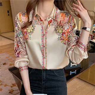 Office Vintage Women's Chiffon Printed Long Sleeves Blouse Top Shirt