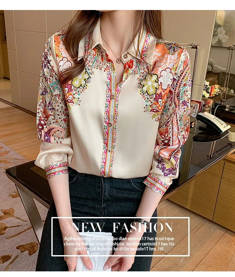 Office Vintage Women's Chiffon Printed Long Sleeves Blouse Top Shirt