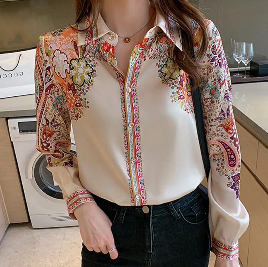 Office Vintage Women's Chiffon Printed Long Sleeves Blouse Top Shirt