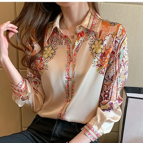 Office Vintage Women's Chiffon Printed Long Sleeves Blouse Top Shirt