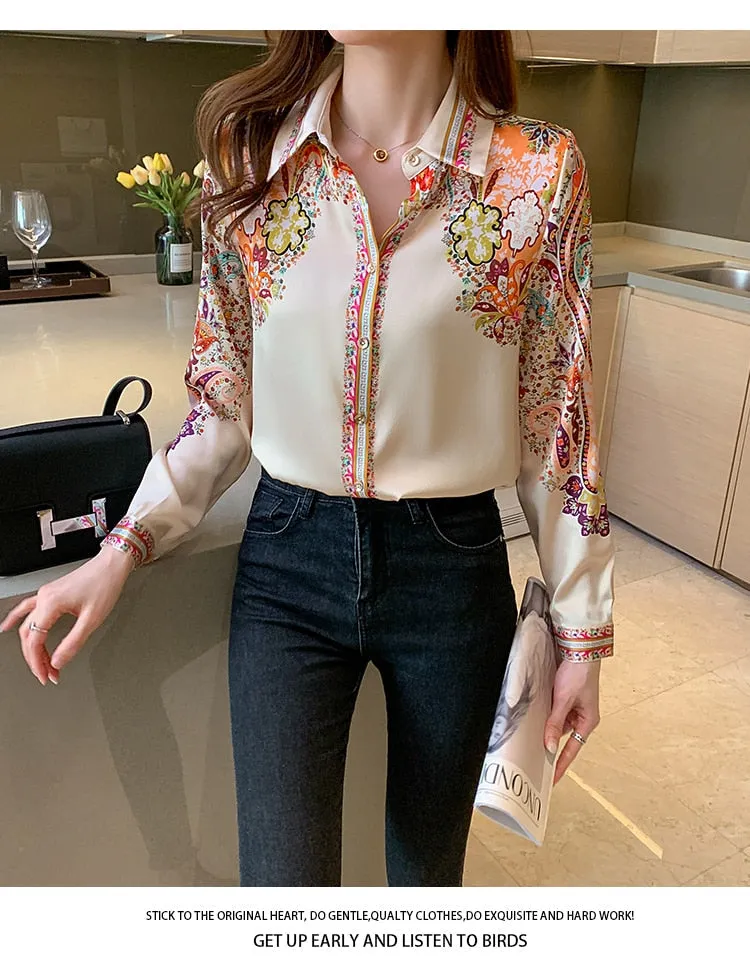 Office Vintage Women's Chiffon Printed Long Sleeves Blouse Top Shirt