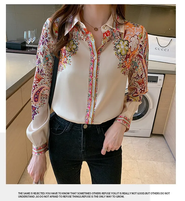 Office Vintage Women's Chiffon Printed Long Sleeves Blouse Top Shirt